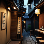 A dimly lit, cozy sake bar hidden in a back alley, with a sake sommelier behind the bar. The scene evokes a sense of solitude and relaxation as a customer enjoys a glass of sake.