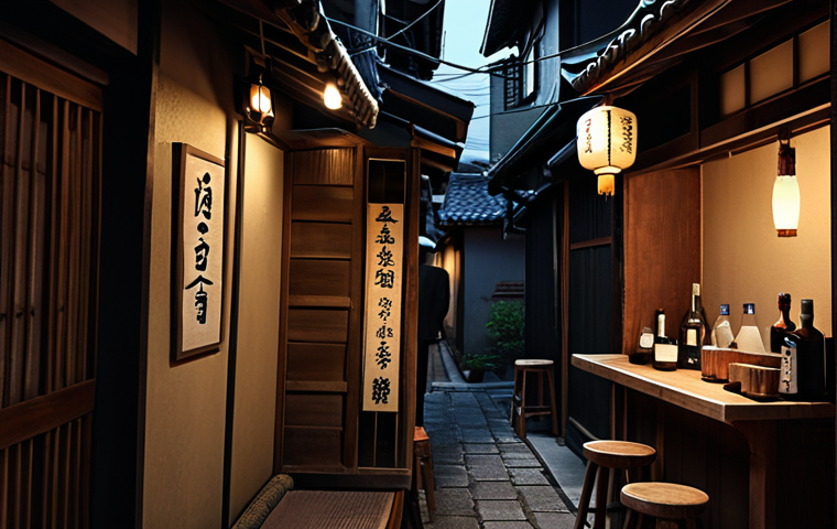 A dimly lit, cozy sake bar hidden in a back alley, with a sake sommelier behind the bar. The scene evokes a sense of solitude and relaxation as a customer enjoys a glass of sake.