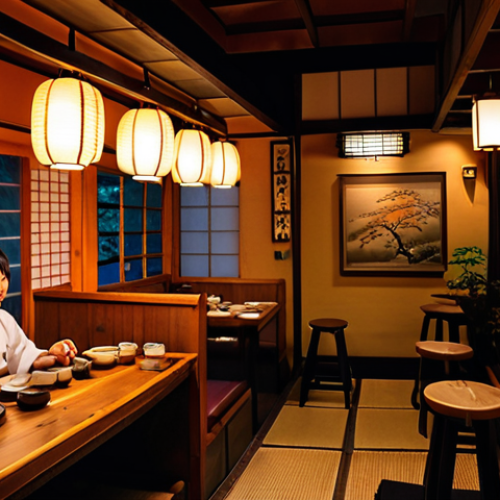 Home 6 Cozy, authentic Japanese izakaya interior at dusk, bathed in warm, inviting amber lighting. Customers share laughter over unique, beautifully plated signature dishes. Vintage Japanese decor, subtle greenery, and a friendly chef presenting a special, artful culinary creation embody a hidden gem's intimate and story-rich atmosphere. High detail, cinematic lighting, fujifilm velvia.