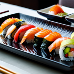 A meticulously arranged sushi takeout set, featuring an assortment of vibrant nigiri and various sushi rolls, displayed on a minimalist ceramic platter. The fresh fish (salmon, tuna, yellowtail, unagi, shrimp) shows clear marbling and natural colors, perfectly complemented by well-formed rice. The setting is a cozy, modern home dining table with warm, ambient lighting, suggesting a relaxed 'home-staurant' experience. Accompanying elements include neatly placed ginger slices and a dollop of fresh wasabi. Professional food photography, ultra-realistic, sharp focus, high resolution, detailed, safe for work, appropriate content, family-friendly.