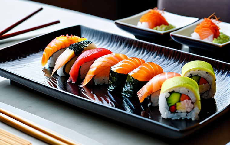 A meticulously arranged sushi takeout set, featuring an assortment of vibrant nigiri and various sushi rolls, displayed on a minimalist ceramic platter. The fresh fish (salmon, tuna, yellowtail, unagi, shrimp) shows clear marbling and natural colors, perfectly complemented by well-formed rice. The setting is a cozy, modern home dining table with warm, ambient lighting, suggesting a relaxed 'home-staurant' experience. Accompanying elements include neatly placed ginger slices and a dollop of fresh wasabi. Professional food photography, ultra-realistic, sharp focus, high resolution, detailed, safe for work, appropriate content, family-friendly.